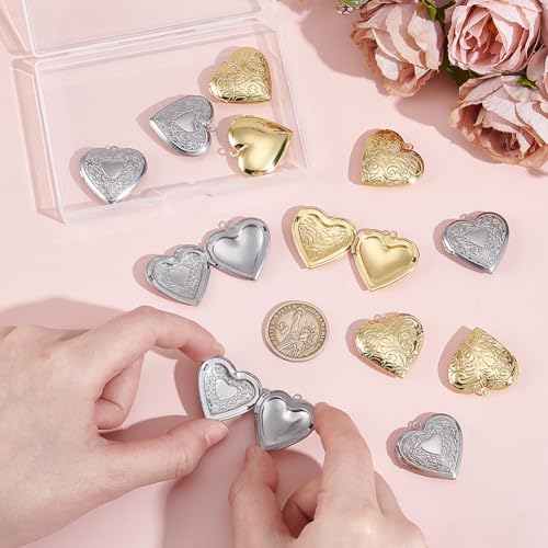 AHANDMAKER 12Pcs 2 Colors Heart Locket Pendants Hearts Photo Frame Charms Brass Love Wedding Photo Charms for DIY Memorial Graduation Valentine's Birthday 29x29x7mm (Golden, Stainless Steel Color)