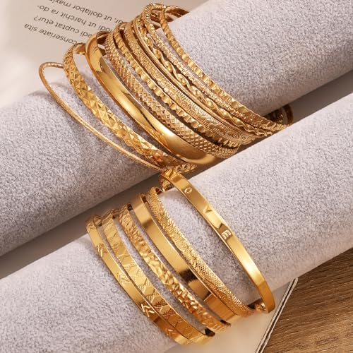 IFKM 6 PACK (24 PCS) Boho Gold Chain Bracelets Set for Women, 14K Gold Plated Multiple Layered Stackable Open Cuff Wrap Bangle Adjustable Link Italian Cuban Jewelry for Women Gift - style: 35 PCS Bangle Bracelets