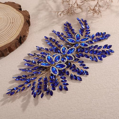 Teyglen Large Full Rhinestone Headband Flower Crystal Bride Wedding Headband Hair Vine Bridal Rhinestone Headpiece Wedding Hair Accessories for Women Party Prom (Blue) - color: Blue