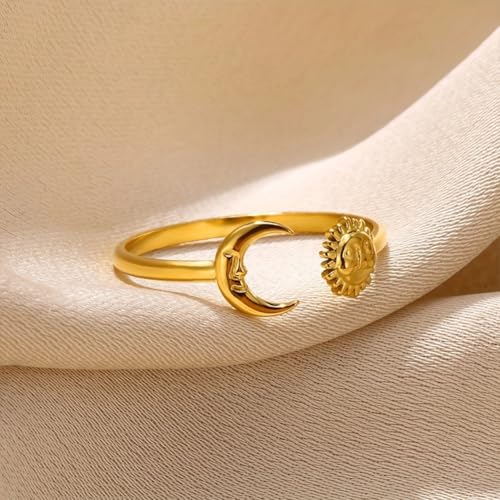 Sun and Moon Rings Stainless Steel Crescent Sun Rings for Women Gold Open Ring Middle Index Finger Jewelry Gift - color: A-Gold Sun&Moon