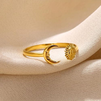 Sun and Moon Rings Stainless Steel Crescent Sun Rings for Women Gold Open Ring Middle Index Finger Jewelry Gift - color: A-Gold Sun&Moon