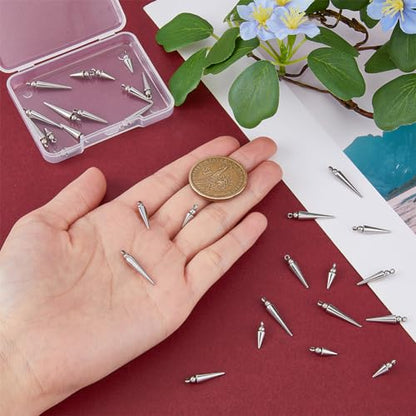 DICOSMETIC 30Pcs 3 Styles Cone Charms Stainless Steel Spike Charms 12/17.5/21.5mm Hiphop Punk Style Cone Charm Cones Bead Charm Long Spike Pendants for Jewelry Making DIY Craft, Hole: 1.4mm