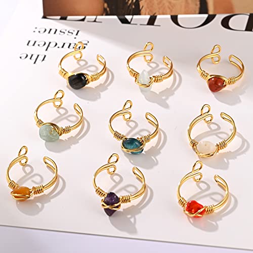 9 PCS Healing Crystal Ring, Adjustable Wire Wrapped Rings Irregular Gemstone Rings Set for Women - color: Gold-Style B