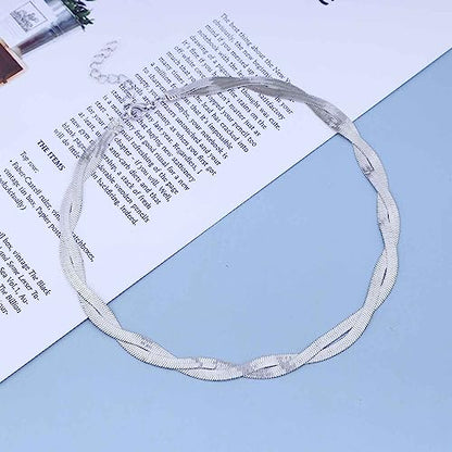 Gold Snake Chain Necklace Double Layer Twist Herringbone Choker Necklace Flat Herringbone Chain Necklace Layered Knot Snake Chain Collar Necklace Jewelry for Women Girls - color: Silver