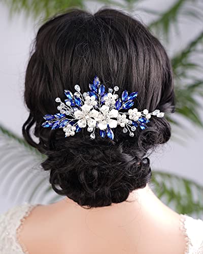 Kercisbeauty Flower Hair Comb for Women and Girls Wedding Bridal Crystal Hair Piece (Blue) - color: Blue