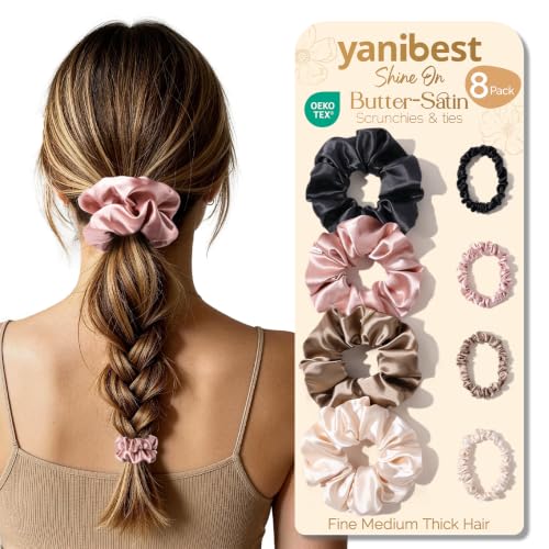 YANIBEST Satin Scrunchies, Prevent Breakage and Frizz, 8 Pack | Hair Ties No Damage For Women, Gentle on Hair, Sleep Workouts - color: Colorful