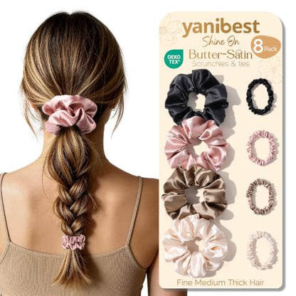 YANIBEST Satin Scrunchies, Prevent Breakage and Frizz, 8 Pack | Hair Ties No Damage For Women, Gentle on Hair, Sleep Workouts - color: Colorful