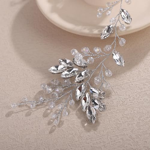Teyglen Silver Crystal Bride Flower Wedding Hair Vine Handmade Crystal Rhinestone Headband Bridal Hair Piece for Women Party Prom Headpiece Sparkly Rhinestone Hair Accessories (Silver) - color: Silver