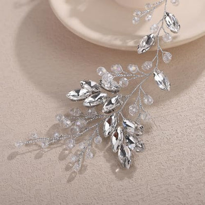 Teyglen Silver Crystal Bride Flower Wedding Hair Vine Handmade Crystal Rhinestone Headband Bridal Hair Piece for Women Party Prom Headpiece Sparkly Rhinestone Hair Accessories (Silver) - color: Silver