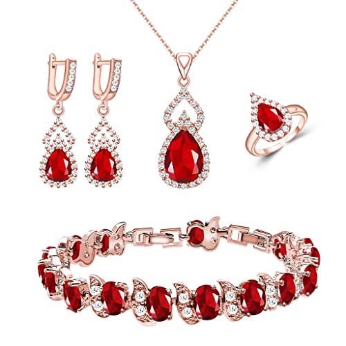 LMXXVJ Women Jewelry Set Platinum Plated Necklace Open Ring Earrings Bracelet Set,Birthday/Anniversary Mother’s Day Jewelry Gifts for Mom/Wife/Sister/Best Friend - color: Rose Gold-Ruby Red