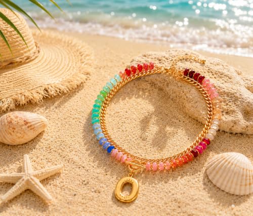 Colorful Beaded Bubble Letter Necklace For Women, Boho Double Layer Dopamine Rainbow Resin Beads Thick Cuban Chain Chunky With Initials Pendant Necklaces Summer Beach Jewelry Gift ﻿ - color: Dop O