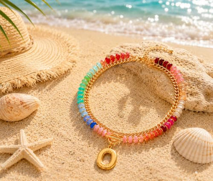 Colorful Beaded Bubble Letter Necklace For Women, Boho Double Layer Dopamine Rainbow Resin Beads Thick Cuban Chain Chunky With Initials Pendant Necklaces Summer Beach Jewelry Gift ﻿ - color: Dop O