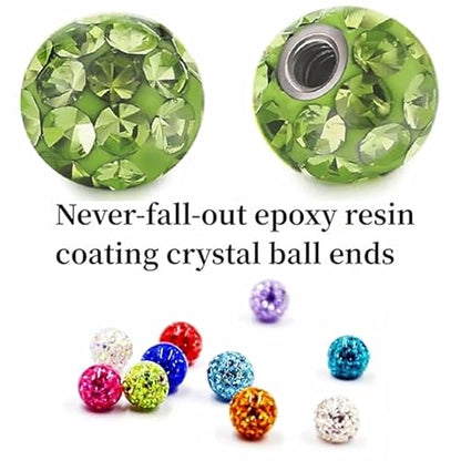 12pc Flexible Acrylic Bar Coated CZ Crystal Ball Barbell Tongue Ring Stud Nipple Body Piercing Bioflex Retainer Jewelry Set - color: Pink