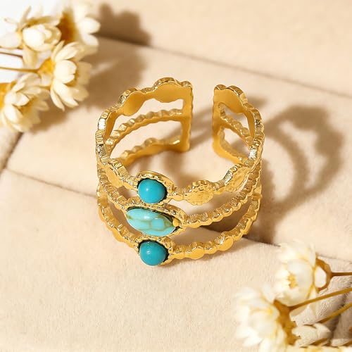 Todenb Turquoise Ring for Women，Gold Western Turquoise Open Ring Boho Stainless Steel Moon and Star Band Wrap Knuckle Rings Western Country Fashion Jewelry Accessories - color: oval
