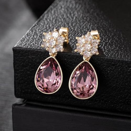 Elegant Austrian Crystal Teardrop Dangle Earrings for Women,14K Gold Plated Flower Drop Earrings Jewelry Gift for Birthday Wedding Anniversary - color: Antique Pink
