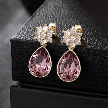 Elegant Austrian Crystal Teardrop Dangle Earrings for Women,14K Gold Plated Flower Drop Earrings Jewelry Gift for Birthday Wedding Anniversary - color: Antique Pink