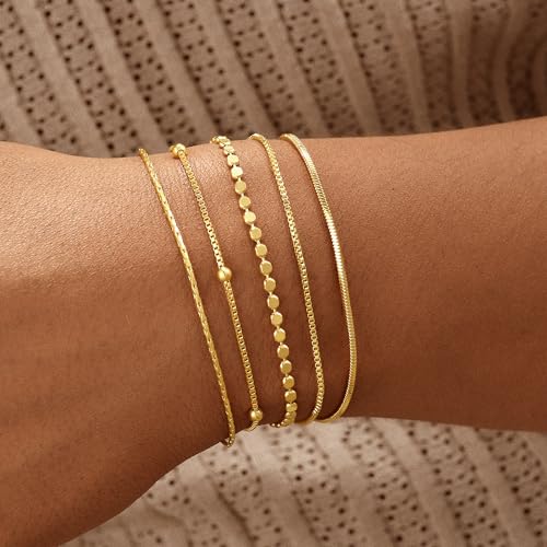 Gold Bracelets for Women, 14K Gold Plated Stackable Bracelet Stack Set Adjustable Charm Paperclip Chain Snake Link Layered Waterproof Jewelry Sets Gifts - style: Bracelets Set /8