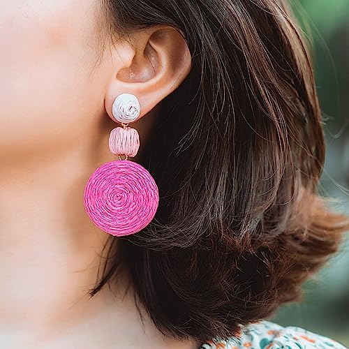 Statement Raffia Boho Round Dangle Ball Earrings - Cute Handmade Summer Bohemian Dangling Jewelry for Women - color: 3Pink