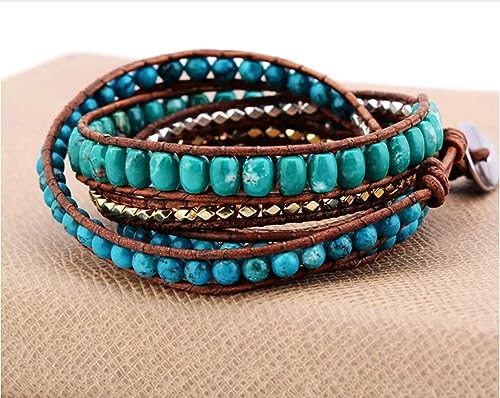 Boho Wrap Bead Bracelet for Women - Handmade Adjustable Natural Stone Beaded Bracelets Yoga Healing Bracelet Bangle Hippie Jewelry - color: Turquoise #2