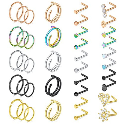 Mayhoop 20g Nose Rings Hoops And Studs For Women Men - Hypoallergenic 316L Surgical Stainless Steel L Shape Nose Screw Bone Silver Rose Gold Black Rainbow Pack 28Pcs - color: Mix B