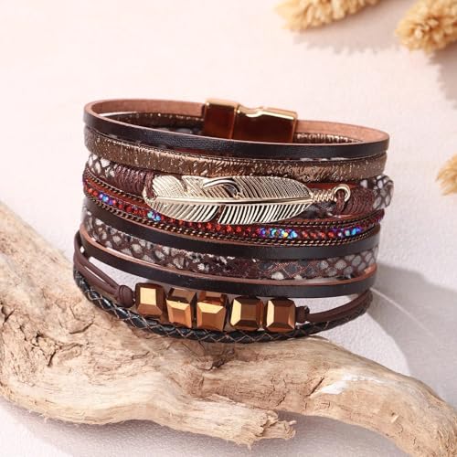 Fesciory Leather Wrap Bracelet for Women, Boho Western Layered Cuff Jewelry | Stackable Bracelets, Easy-On Clasp, Daily Wear, Pairs with Boho Western Outfits, Gift for Women - color: Brown3