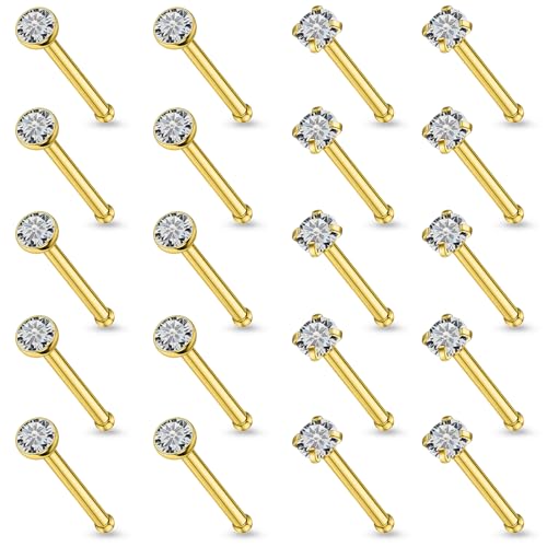 20Pcs Nose Rings Studs Surgical Steel L-Shape Nose Rings for Women 1.5mm 2mm Cubic Zirconia Nose Screw Studs Hypoallergenic Nose Piercings Jewelry 24g 22g 20g 18g - color: straight,goldtone, size: 24g,2mm CZ