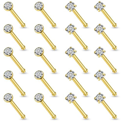20Pcs Nose Rings Studs Surgical Steel L-Shape Nose Rings for Women 1.5mm 2mm Cubic Zirconia Nose Screw Studs Hypoallergenic Nose Piercings Jewelry 24g 22g 20g 18g - color: straight,goldtone, size: 24g,2mm CZ