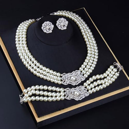 Multi Layer Bridal Jewelry Set Faux Pearl Necklace Earrings Bracelet Rhinestone Floral Choker Prom Necklace for Wedding bridal Bridesmaid (3 Piece)