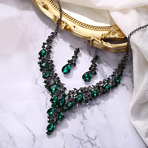 BriLove Women's Wedding Bridal Austrian Crystal Teardrop Flower Cluster Statement Necklace Dangle Earrings Jewelry Set for Party Prom - color: 2Pcs-Emerald Color Black-Tone
