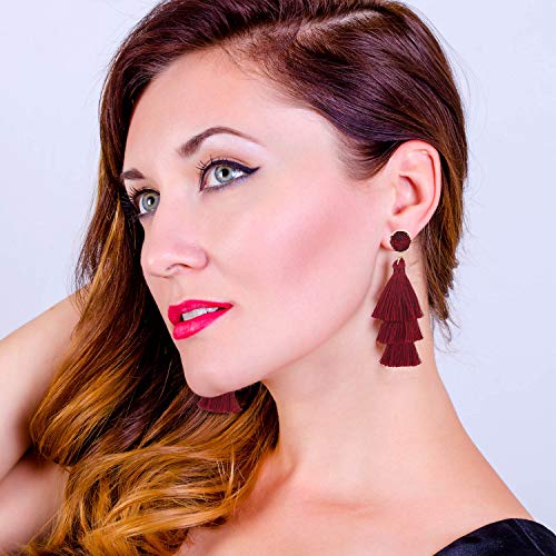 Bohemian Tiered Tassel Earrings with Druzy Stud for Women | Long Layered Fringe Drop Earrings, Statement Jewelry for Party Beach Festival - color: Burgundy Color