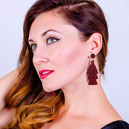 Bohemian Tiered Tassel Earrings with Druzy Stud for Women | Long Layered Fringe Drop Earrings, Statement Jewelry for Party Beach Festival - color: Burgundy Color