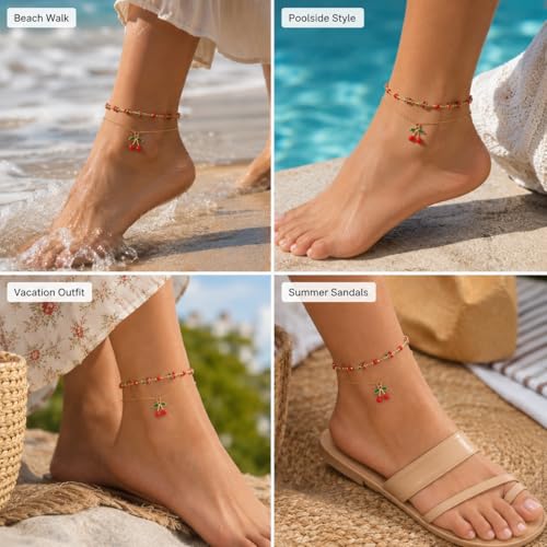 Ankle Bracelets for Women Gold Anklet Set Boho Vacation Gift | Gold anklet set for women 5 styles with matching gift pouch.Boho adjustable non-tarnish jewelry.Perfect present idea. - color: Cherry