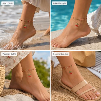 Ankle Bracelets for Women Gold Anklet Set Boho Vacation Gift | Gold anklet set for women 5 styles with matching gift pouch.Boho adjustable non-tarnish jewelry.Perfect present idea. - color: Cherry