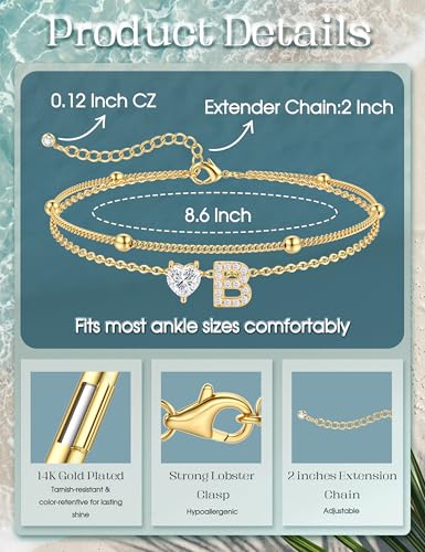 Kakonia Double Layer Initial Anklet for Women, 14K Gold Plated Heart Ankle Bracelet, Personalized A-Z Letter, Waterproof Non Tarnish Cubic Zirconia Dainty Adjustable Summer Beach Jewelry Gift - style: Letter B