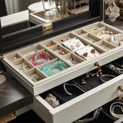 Highergo 8 Pcs Velvet Jewelry Trays Stackable Drawers Organizer Ring Earring Bracelet Necklace Storage Trays, 8.3x4.7x1''(6 Uneven Grids) - style: 6 Uneven Grids