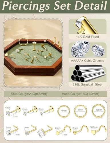 JeryWe 12PCS Nose Rings for Women - Gold Plated Hypoallergenic Surgical Steel Nose Rings Hoops Lip Septum Clicker Ring CZ Screw L Shaped Studs Threadless Flat Back Stud Nostril Piercing Jewelry - color: Gold Tone - Heart
