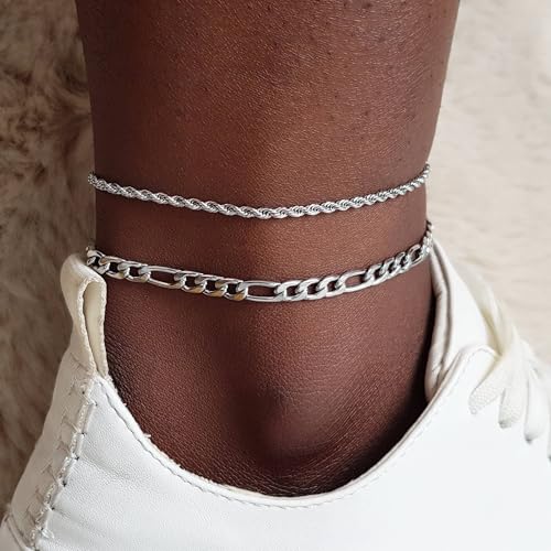 Waterproof Ankle Bracelets for Women Gold Anklets Non Tarnish Pearl/Figaro/Cuban/Snake Chain Anklet Adjustable Anklets for Womens Summer Beach Anklet Foot Jewelry for Women Gift - color: Figaro Chain-Silver