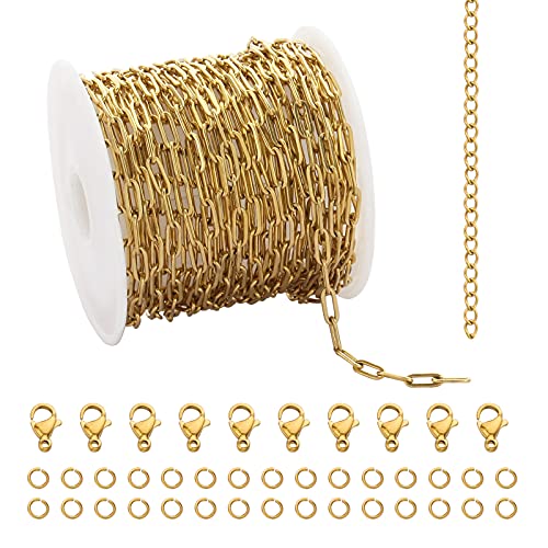 16.4 Feet Gold Stainless Steel Chains Bulk Cable Paperclip Necklace Chains Link Roll with Jump Rings Lobster Clasps Extender Chain for Jewelry Making - color: Gold Paperclip