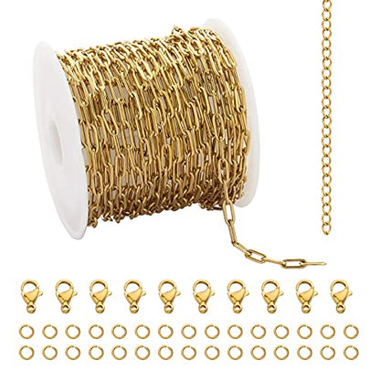 16.4 Feet Gold Stainless Steel Chains Bulk Cable Paperclip Necklace Chains Link Roll with Jump Rings Lobster Clasps Extender Chain for Jewelry Making - color: Gold Paperclip