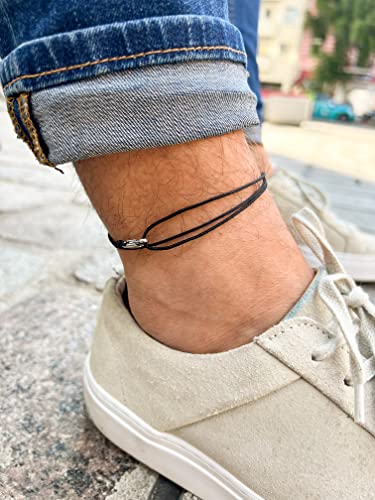 Made by Nami Surfer Anklet with Snap Hook Clasp Waterproof & Adjustable Thin String Ankle Bracelets for Women and Men Handmade Jewelry for Beach and Music Festival Accessories - color: Black Silver