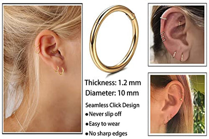 Unisex Dainty Tiny 18k Real Gold Plating Cartilage Huggie Hoop Earrings, 16G Surgical Steel Small Endless Hinged Hoops Earring for Earlobe Cartilage Helix Rook Daith Conch Nose Lip Body Piercing Jewelry - color: Gold 10mm