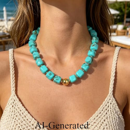 Ritach Chunky Beaded Necklaces for Women - Colorful Large Square Acrylic Beaded Necklace Boho Chunky Necklace Adjustable Statement Choker Necklace for Women Waterproof Summer Beach Jewelry Gifts - color: Turquoise