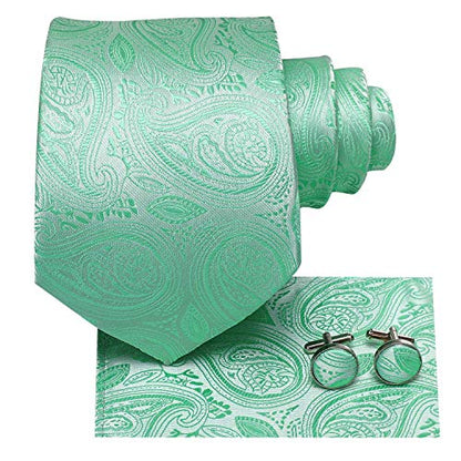 Dubulle Mens Paisley Striped Tie Woven Necktie for Men and Handkerchief Cufflinks Set Wedding Formal Business - color: B Mint Green