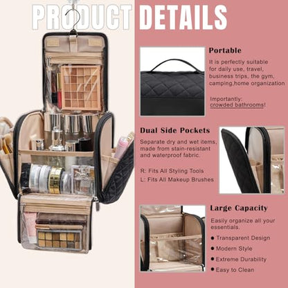 banapoy Hanging Toiletry Bag for Women, Roll up Cosmetics Makeup Bag, Travel Makeup Cosmetic Organizer with Hanging Hook, for Jewelry Toiletries, 10.63x9.45x6.30in (Black) - color: Black