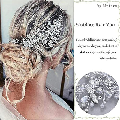 Bride Flower Wedding Hair Vine Crystal Bridal Hair Piece Rhinestone Party Hair Accessories Leaf Hair Jewelry Bead Headpiece for Women - color: Silver