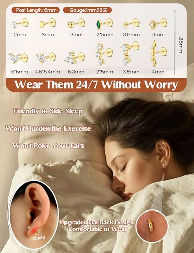 ORAZIO Flat Back Stud Earrings for Women Helix Tragus Nose Piercing Jewelry | Hypoallergenic Surgical Steel Internal Thread Flatback Stud for Medusa Lip Labret Cartilage Conch Piercing Jewelry Single PC