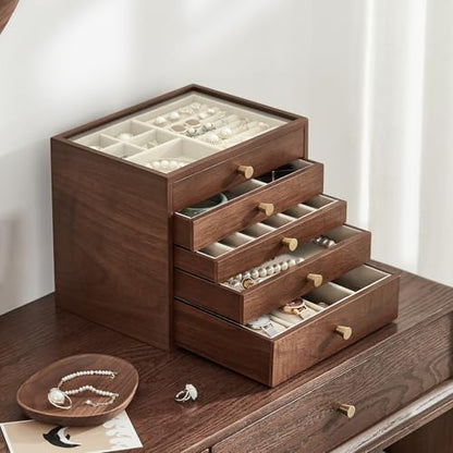 Black Walnut Wooden Women Jewelry Box with Glass Lid, 5 Layer | Large Wood Jewelry Drawer Organizer,Velvet-Lined, For Necklaces, Watch, Ring, Earring, Gift for Her - style: 5 Layer