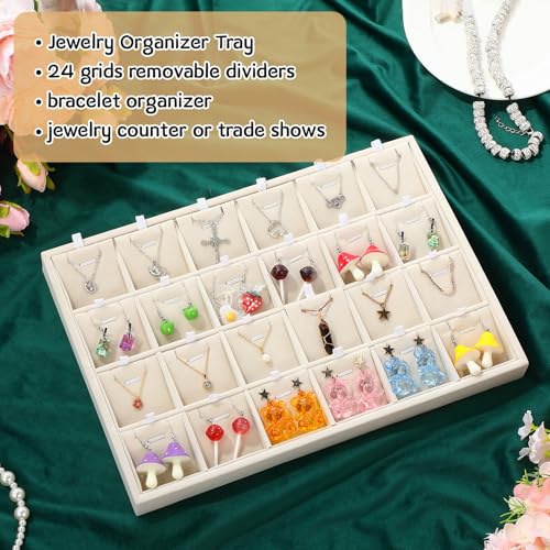 2 Pcs 24 Grid Stackable Jewelry Organizer Tray with Removable Dividers Ice Velvet Jewelry Display Showcase Tray for Necklace Earring Ring Bracelet Holder (Beige Velvet) - color: Beige