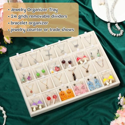2 Pcs 24 Grid Stackable Jewelry Organizer Tray with Removable Dividers Ice Velvet Jewelry Display Showcase Tray for Necklace Earring Ring Bracelet Holder (Beige Velvet) - color: Beige