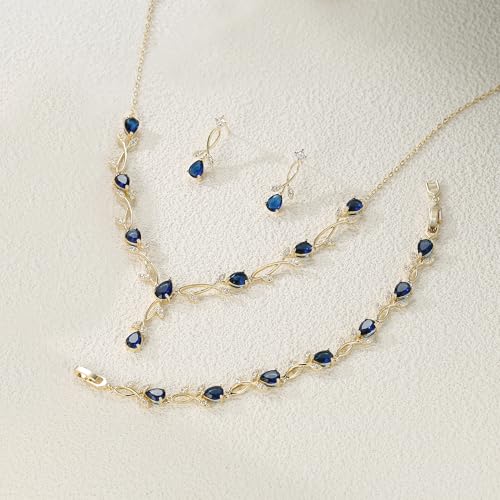 Crysdue Wedding Jewelry Set for Brides Bridesmaid, Cubic Zirconia Teardrop Marquise Leaf Cluster Pendant Necklace Bridal Tennis Bracelet Drop Earrings for Women Party Prom - style: A- CZ set-sapphire, gold